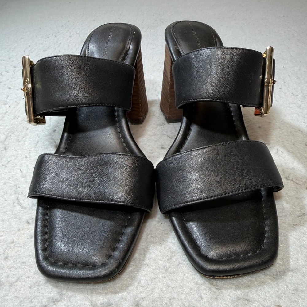 White House Black Market Sandal Women 8M Black Leather Gold Buckle Block Heel 80